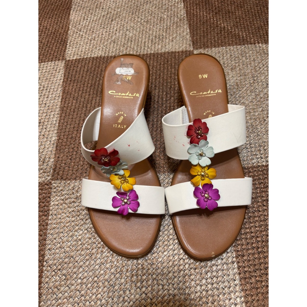 Contesa Italian Shoemakers White Floral Wedge Sandals 9W Made in Italy 2" Heel